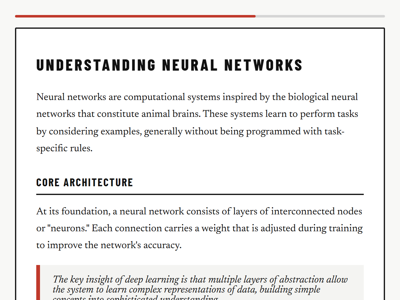 Monolith theme: a lesson page with its heading, body text and reading progress bar.