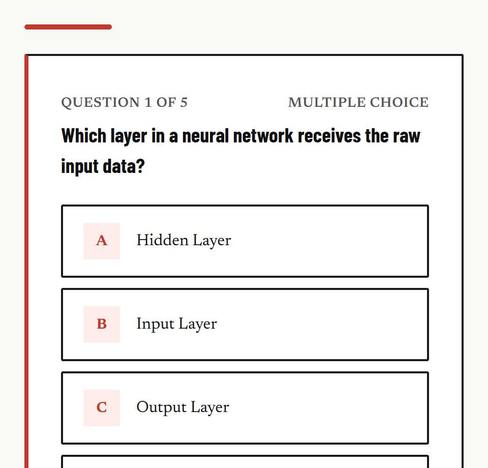 The quiz screen of a module in the Monolith theme: question 1 of 5, multiple choice, four answer options.