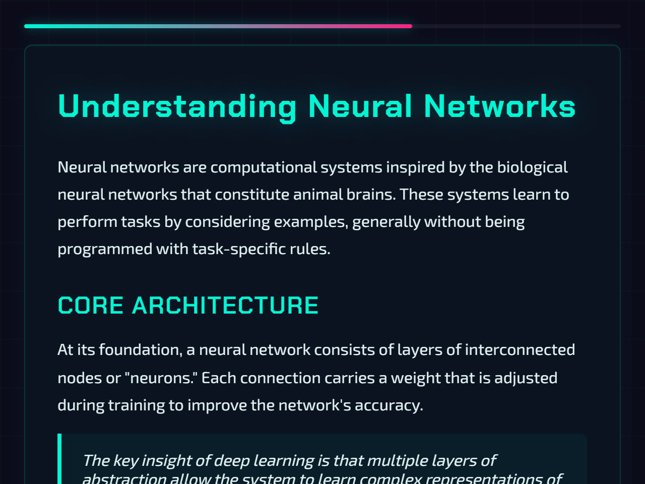 Neon Grid theme: a lesson page with its heading, body text and reading progress bar.