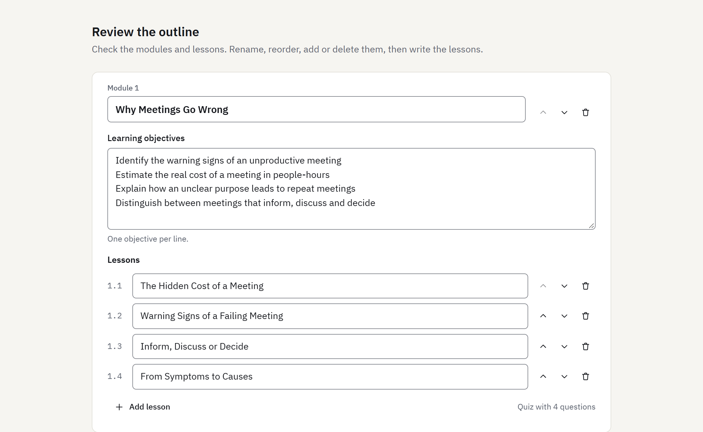 The outline review screen: module 1 with its title, four learning objectives and four lesson titles, each with move and delete controls, and a note that the quiz has four questions.